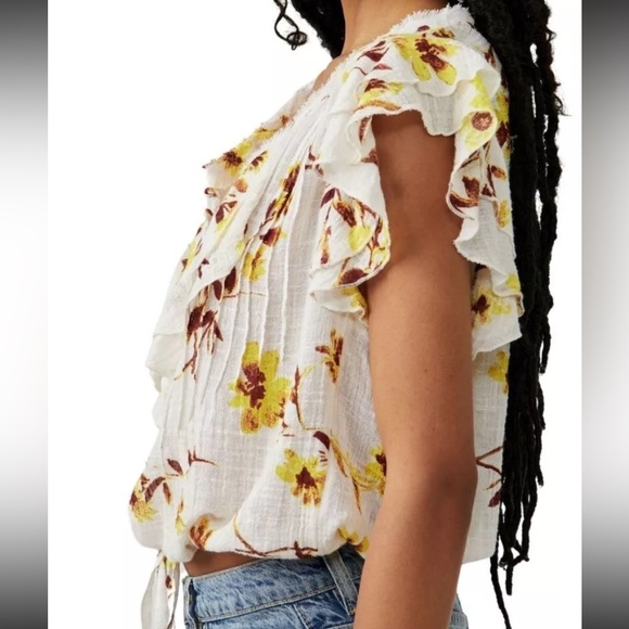 Free People Naya Ruffle Floral Blouse Ivory Short Sleeve Top size S Boho Cottage - Picture 5 of 11